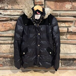 Juicy Couture Faux Fur Trim Hooded Black Shiny Down Puffer Jacket